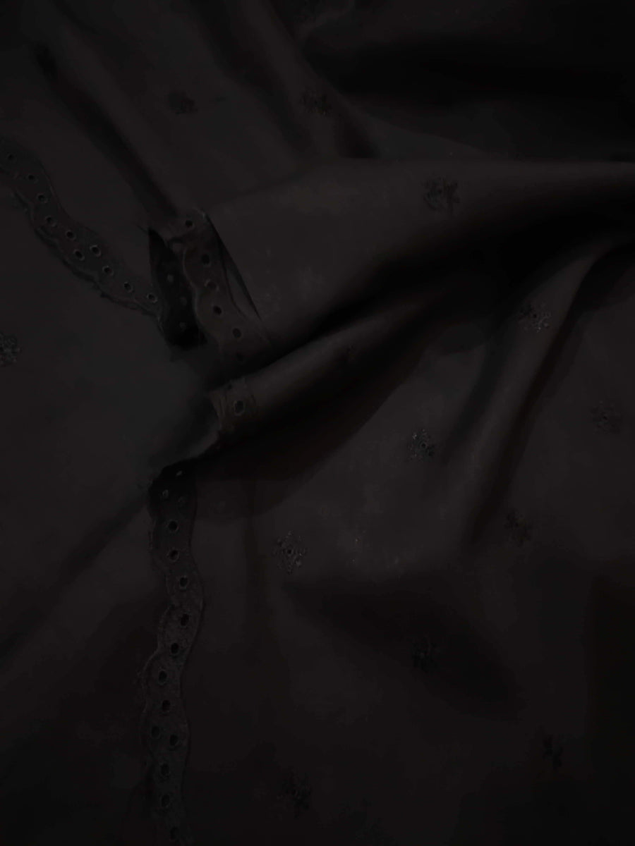 Jet Black Chikankari Embroidered Border Shawl Cotton Lawn Fabric DP-18 - FaisalFabrics.pk