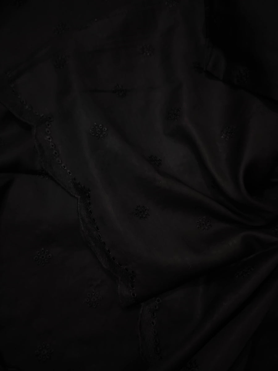 Jet Black Chikankari Embroidered Border Shawl Cotton Lawn Fabric DP-19 - FaisalFabrics.pk