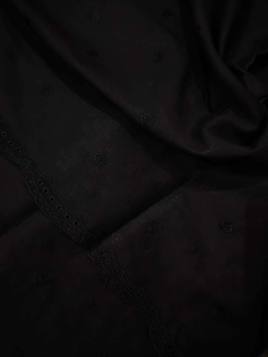 Jet Black Chikankari Embroidered Border Shawl Cotton Lawn Fabric ELS-03 - FaisalFabrics.pk