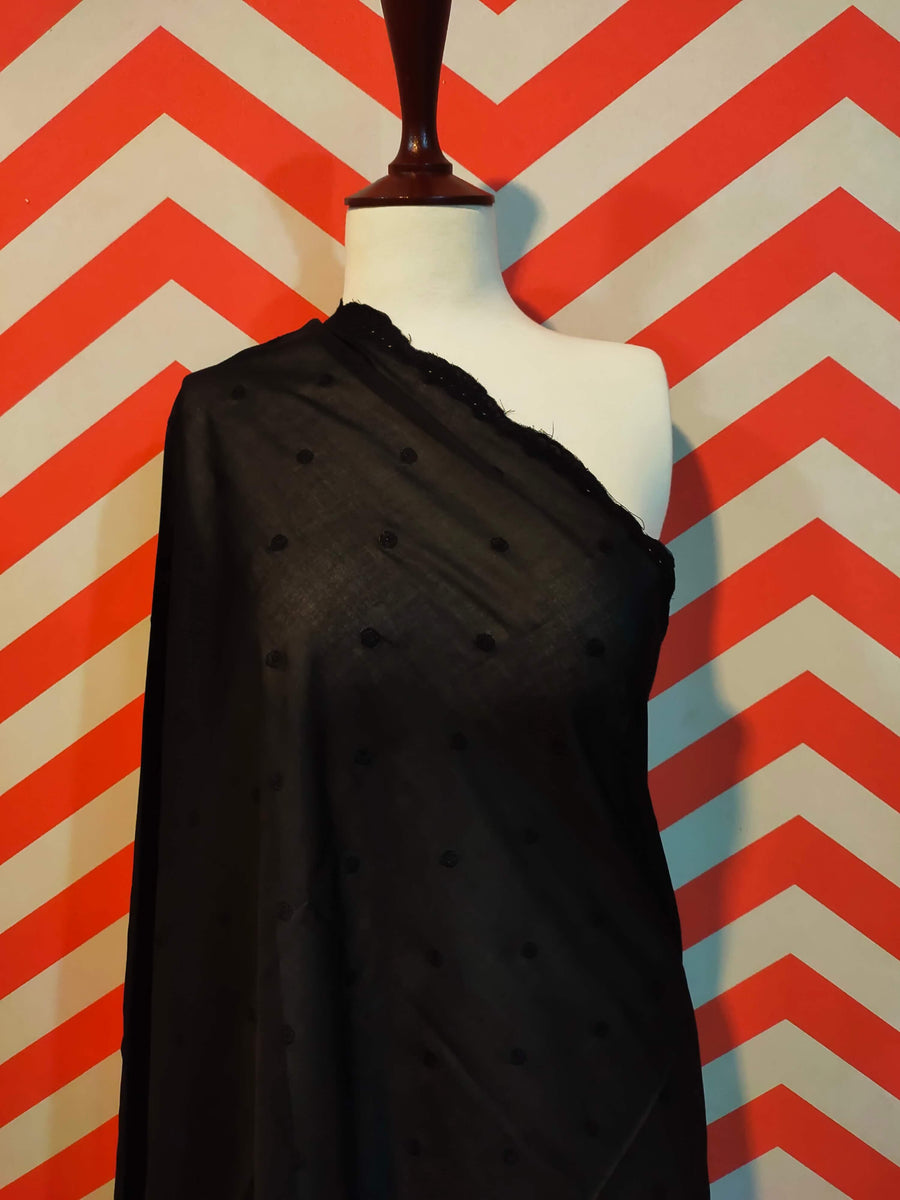 Jet Black Chikankari Embroidered Border Shawl Cotton Lawn Fabric ELS-03 - FaisalFabrics.pk