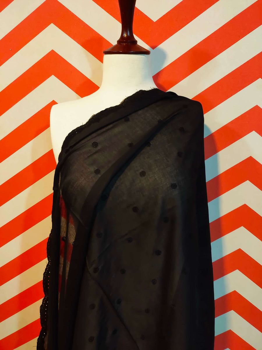 Jet Black Chikankari Embroidered Border Shawl Cotton Lawn Fabric ELS-03 - FaisalFabrics.pk