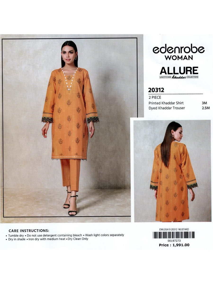 edenrobe Allure Khaddar Unstitched Printed 2pc Suit EWU20A10-20312 - FaisalFabrics.pk