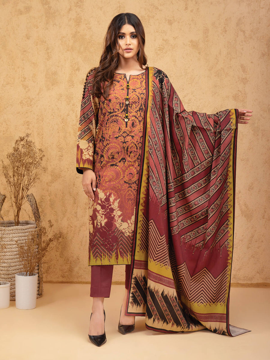 edenrobe Women Unstitched Allure Viscose EWU21A10-21389 - Maroon - 3 Piece - FaisalFabrics.pk