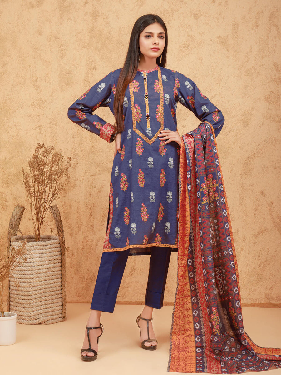 edenrobe Women Unstitched Allure Khaddar EWU21A9-21460 - Royal Blue - 3 Piece - FaisalFabrics.pk