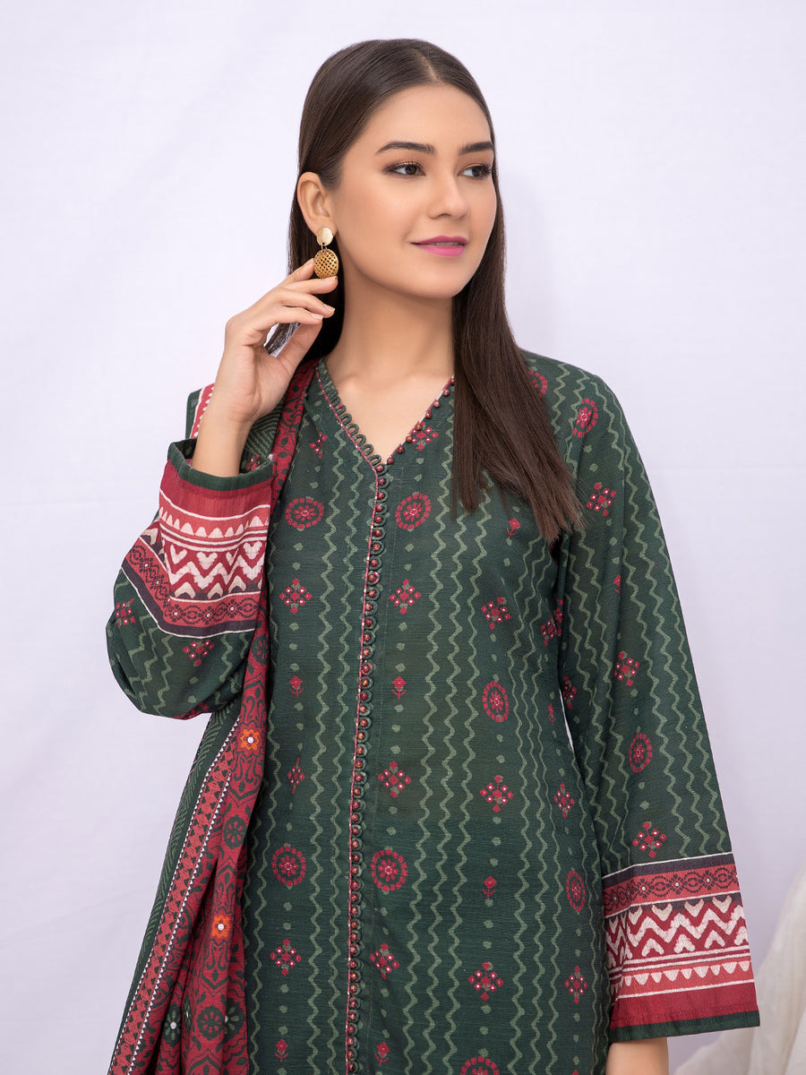 edenrobe Women Unstitched Allure Khaddar EWU21A9-21480 - Bottle Green - 3 Piece - FaisalFabrics.pk