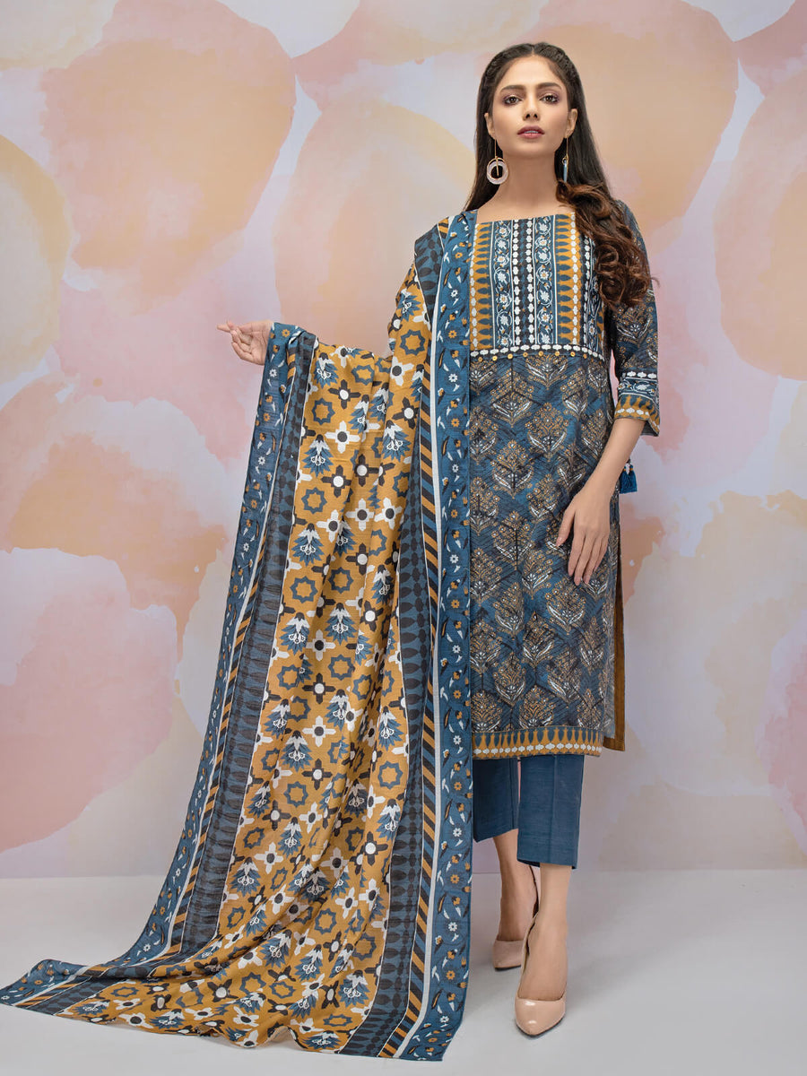 edenrobe Women Unstitched Allure Khaddar EWU21A9-21483 - Blue - 3 Piece - FaisalFabrics.pk