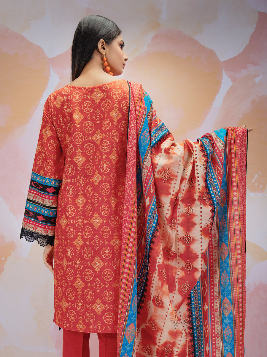 edenrobe Women Unstitched Allure Khaddar EWU21A9-21485 - Coral - 3 Piece - FaisalFabrics.pk