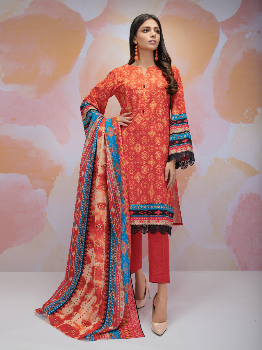edenrobe Women Unstitched Allure Khaddar EWU21A9-21485 - Coral - 3 Piece - FaisalFabrics.pk