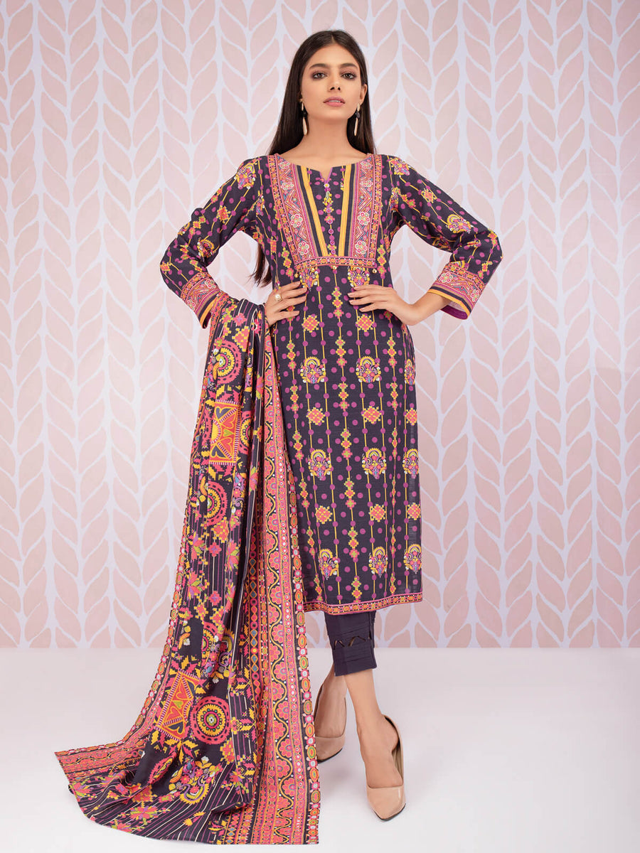 edenrobe Women Unstitched Allure Khaddar EWU21A9-21488 - Dark Purple - 3 Piece - FaisalFabrics.pk