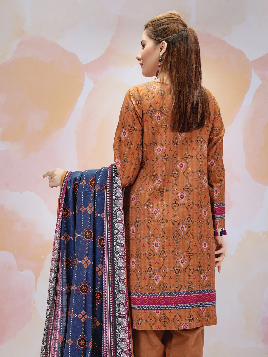 edenrobe Women Unstitched Allure Khaddar EWU21A9-21493 - Brown - 3 Piece - FaisalFabrics.pk