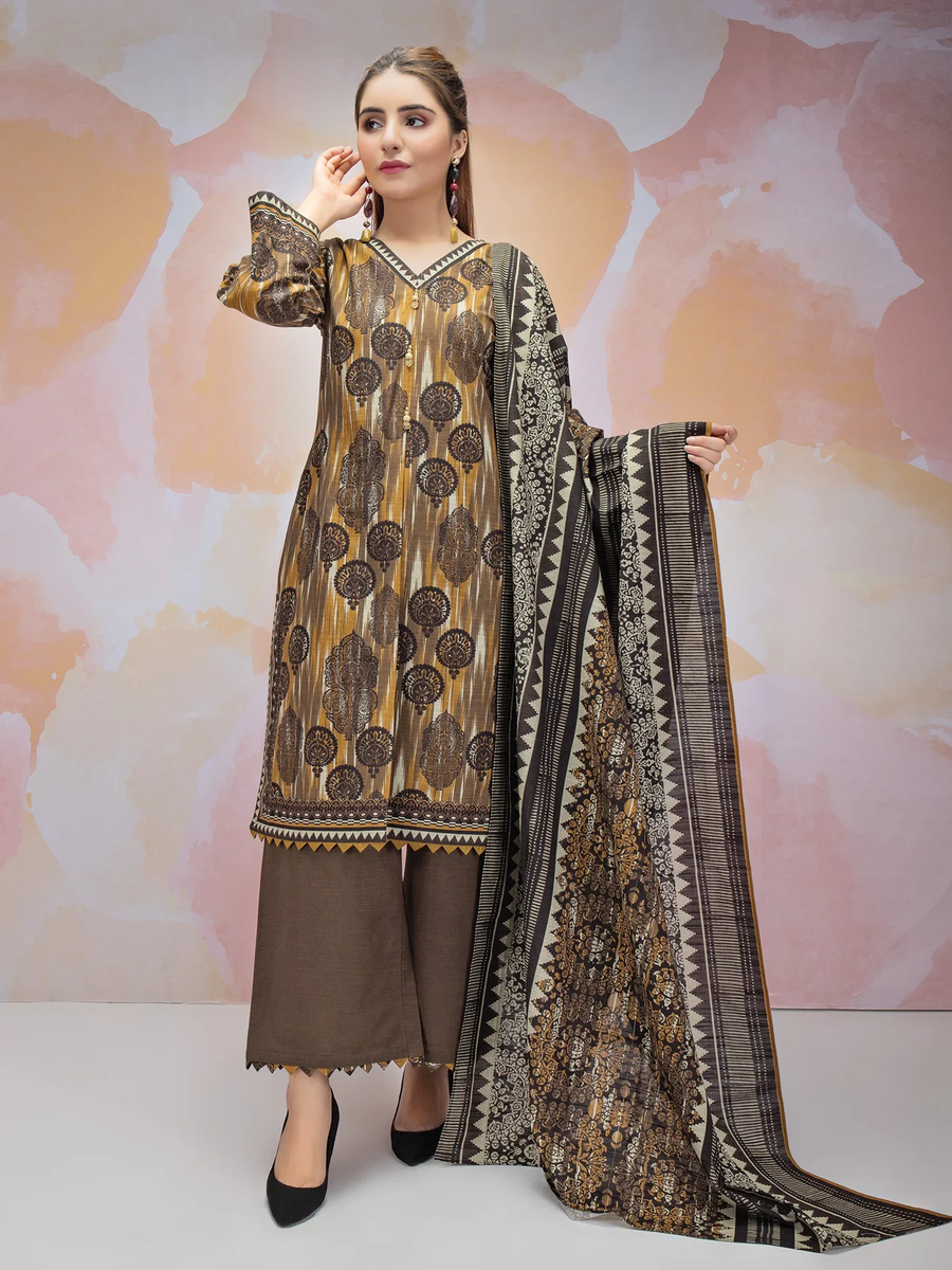 edenrobe Women Unstitched Allure Khaddar EWU21A9-21496 - Golden Brown - 3 Piece - FaisalFabrics.pk