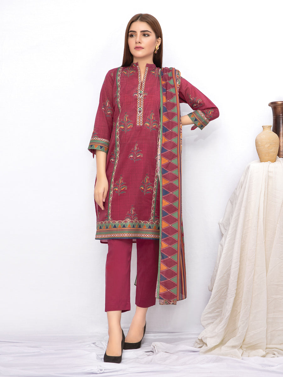 edenrobe Women Unstitched Allure Khaddar EWU21A9-21501 - Dark Pink - 3 Piece - FaisalFabrics.pk