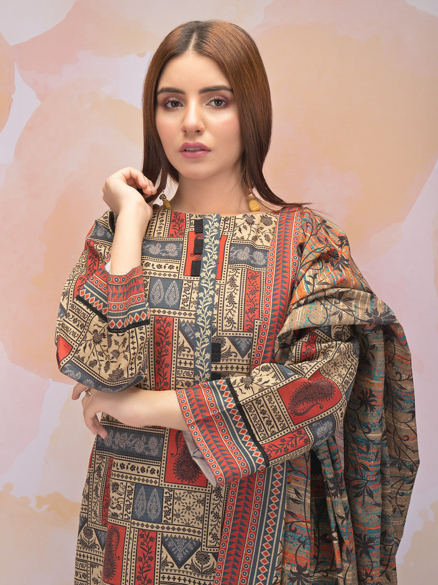 edenrobe Women Unstitched Allure Khaddar EWU21A9-21537 - Yellow Multi - 2 Piece - FaisalFabrics.pk
