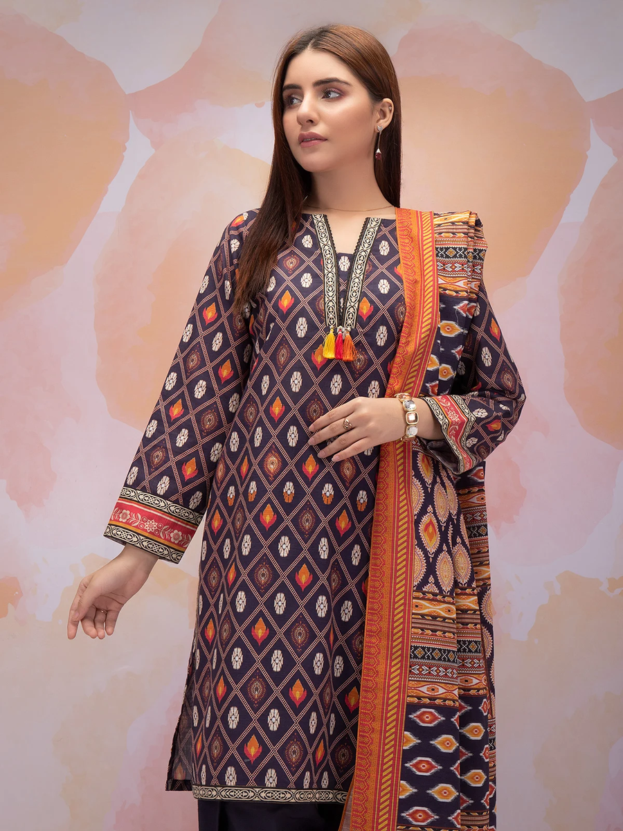 edenrobe Women Unstitched Allure Khaddar EWU21A9-21539 - Purple Multi - 2 Piece - FaisalFabrics.pk