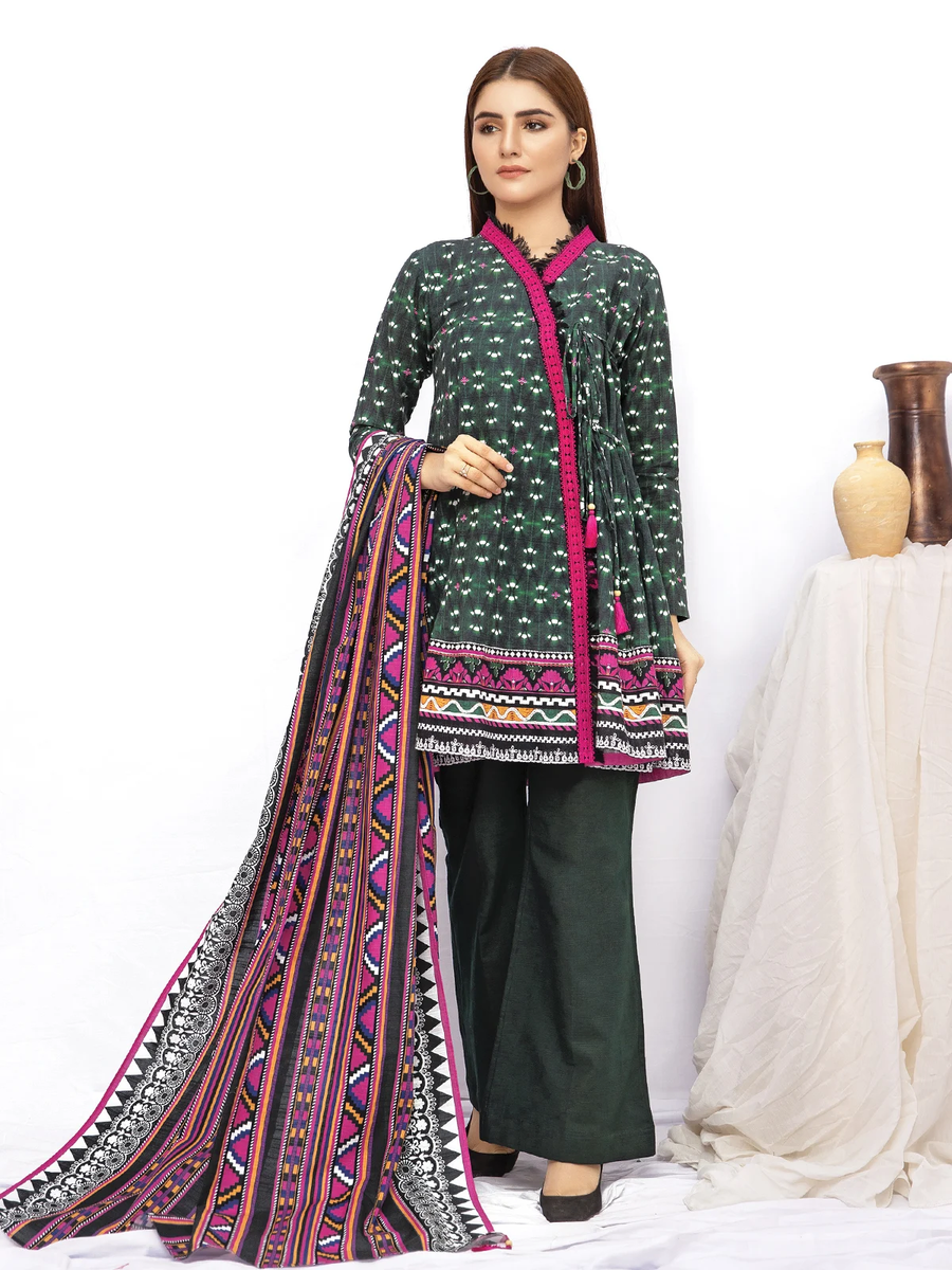 edenrobe Women Unstitched Allure Khaddar EWU21A9-21542 - Green - 2 Piece - FaisalFabrics.pk