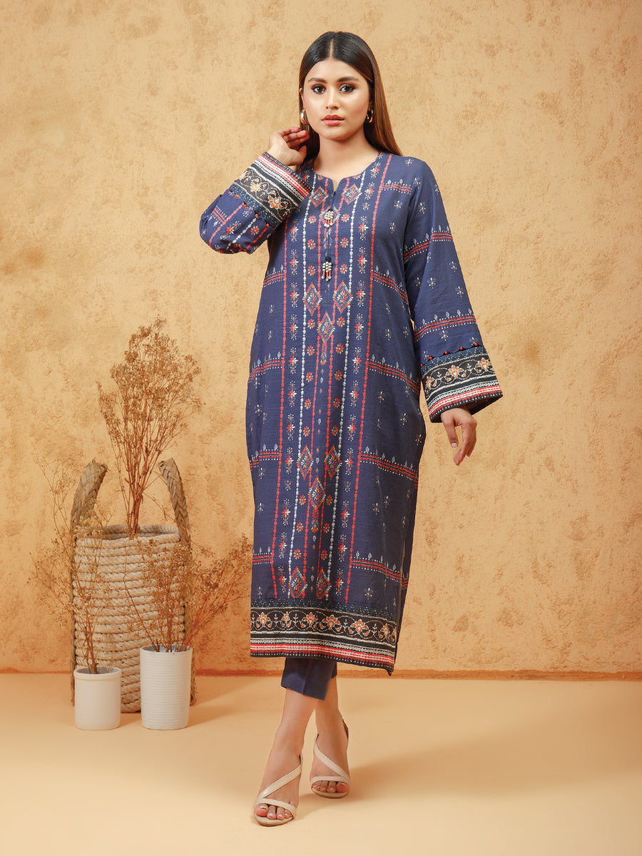 edenrobe Women Unstitched Allure Khaddar EWU21A9-21578 - Ink Blue - 1 Piece - FaisalFabrics.pk