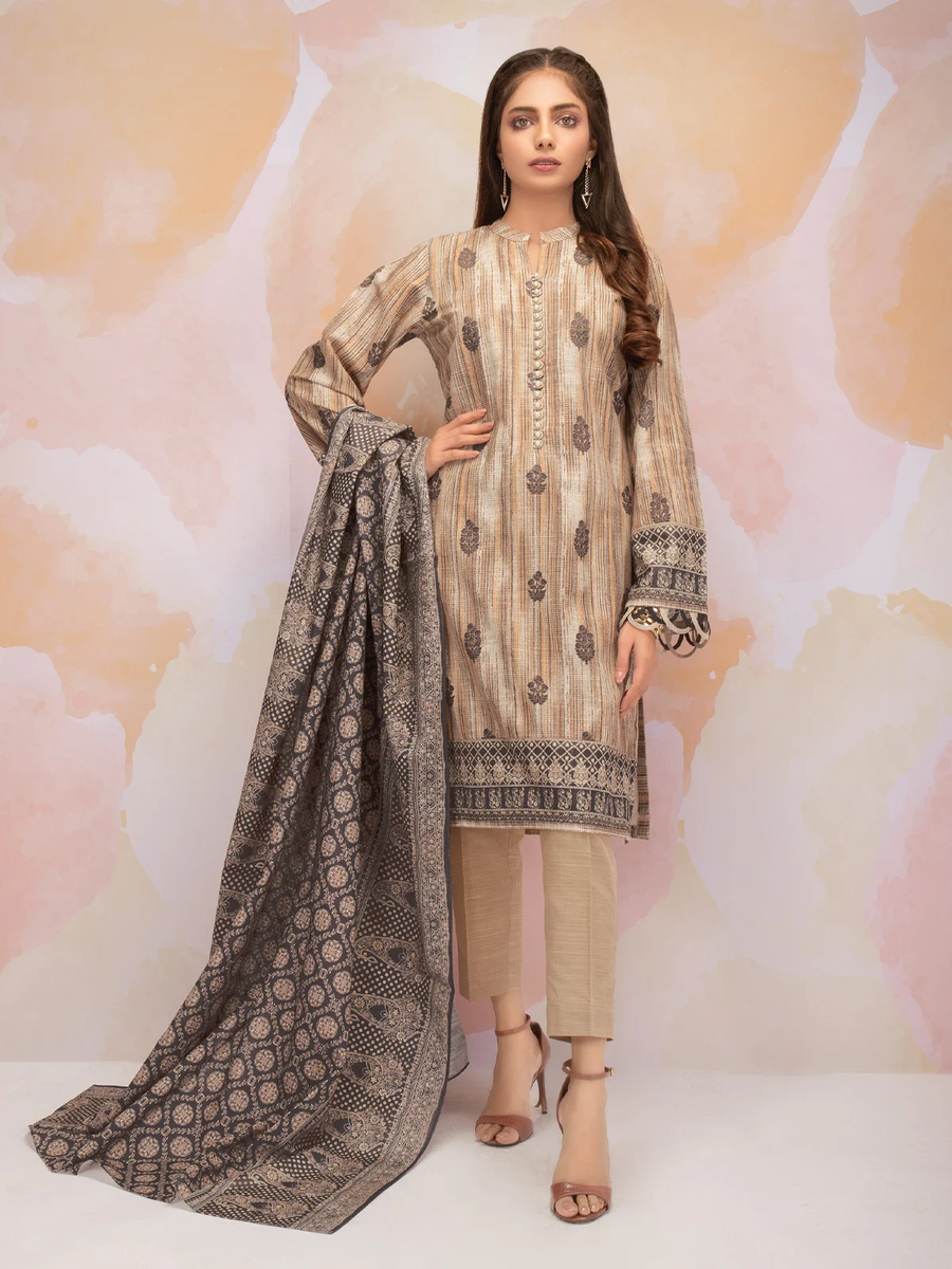 edenrobe Women Unstitched Allure Khaddar EWU21A9-21597 - Beige - 3 Piece - FaisalFabrics.pk