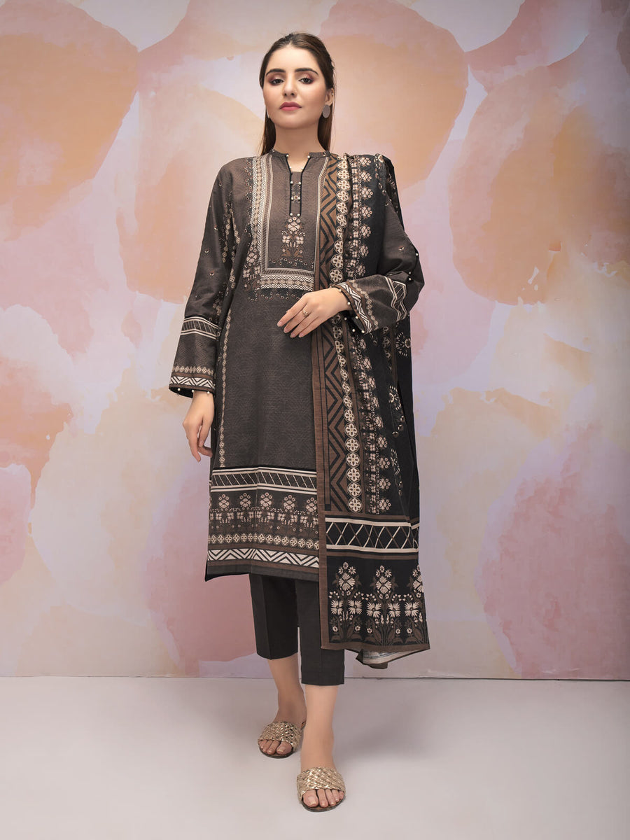 edenrobe Women Unstitched Allure Khaddar EWU21A9-21599 - Charcoal Grey - 3 Piece - FaisalFabrics.pk