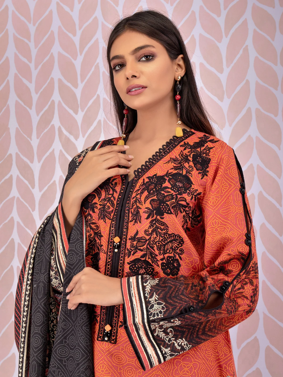 edenrobe Women Unstitched Shades Of Winter EWU21V11-21747 - Orange - 3 Piece - FaisalFabrics.pk