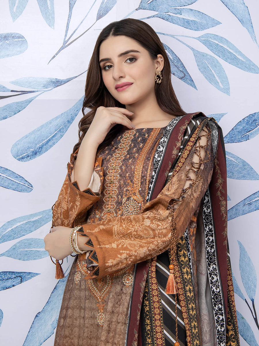 edenrobe Womens Unstitched Orhni Viscose EWU21V11-21751 - Brown - 3 Piece - FaisalFabrics.pk