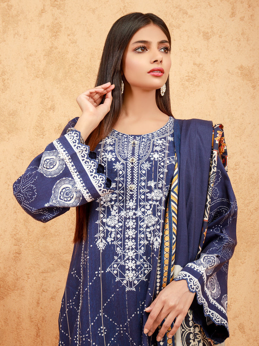 edenrobe Women Unstitched Shades Of Winter EWU21V11-21760 - Navy Blue - 3 Piece - FaisalFabrics.pk