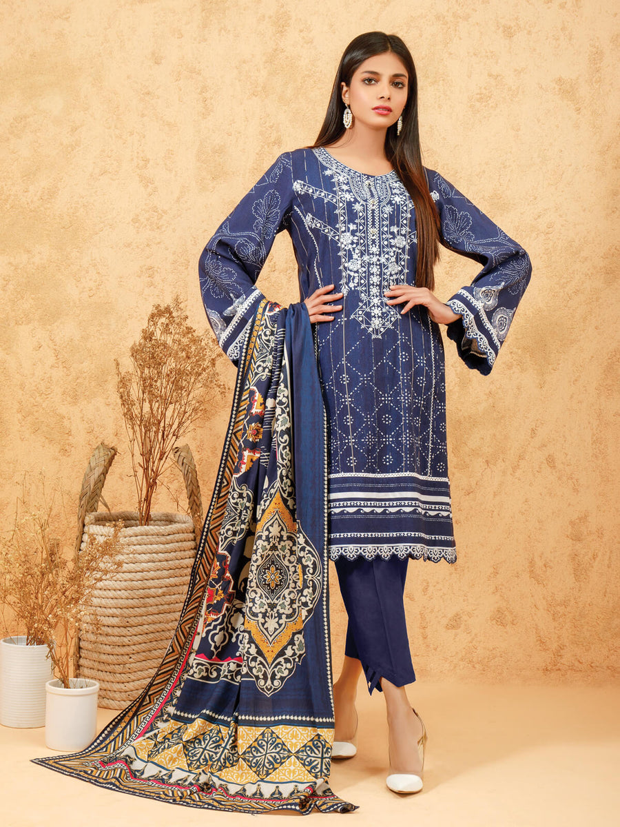 edenrobe Women Unstitched Shades Of Winter EWU21V11-21760 - Navy Blue - 3 Piece - FaisalFabrics.pk
