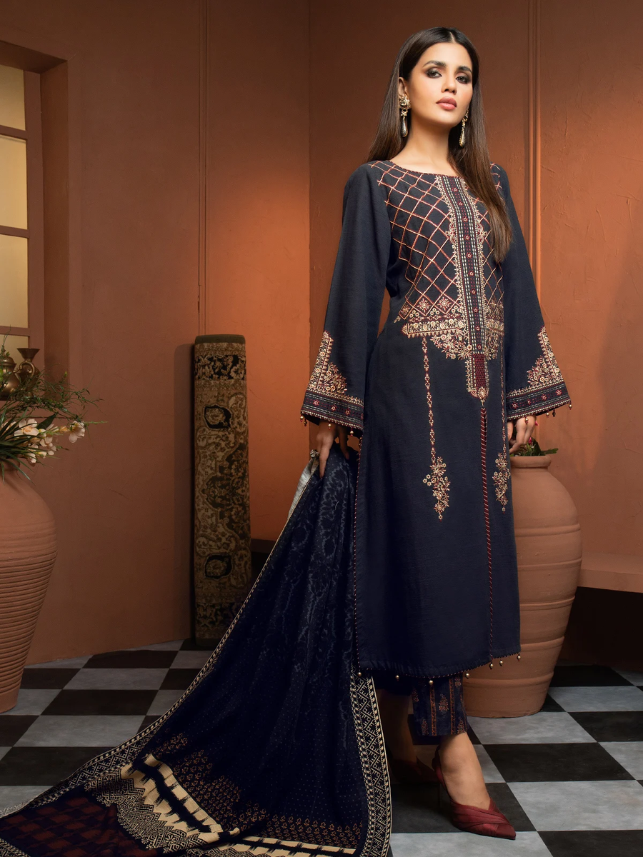 edenrobe Winter Muse Embroidered Khaddar 3pc Suit EWU21V8-21635 - FaisalFabrics.pk