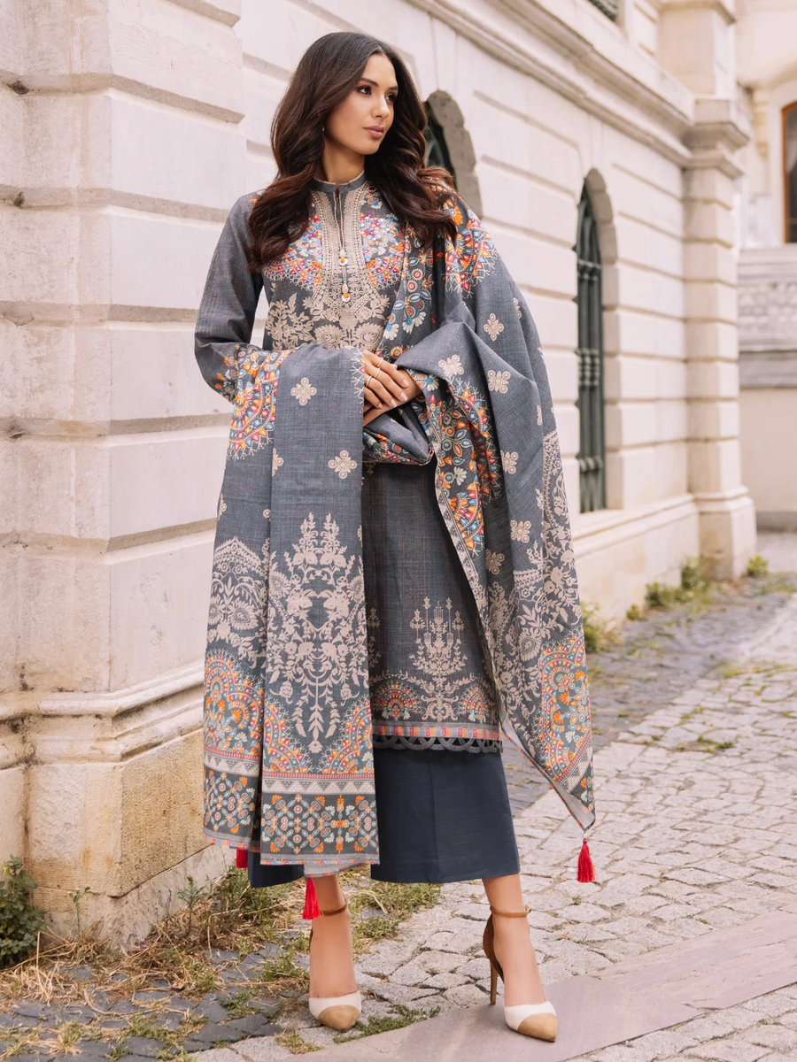edenrobe Shades of Winter Khaddar Embroidered 3pc Suit EWU21V8-21676 - FaisalFabrics.pk