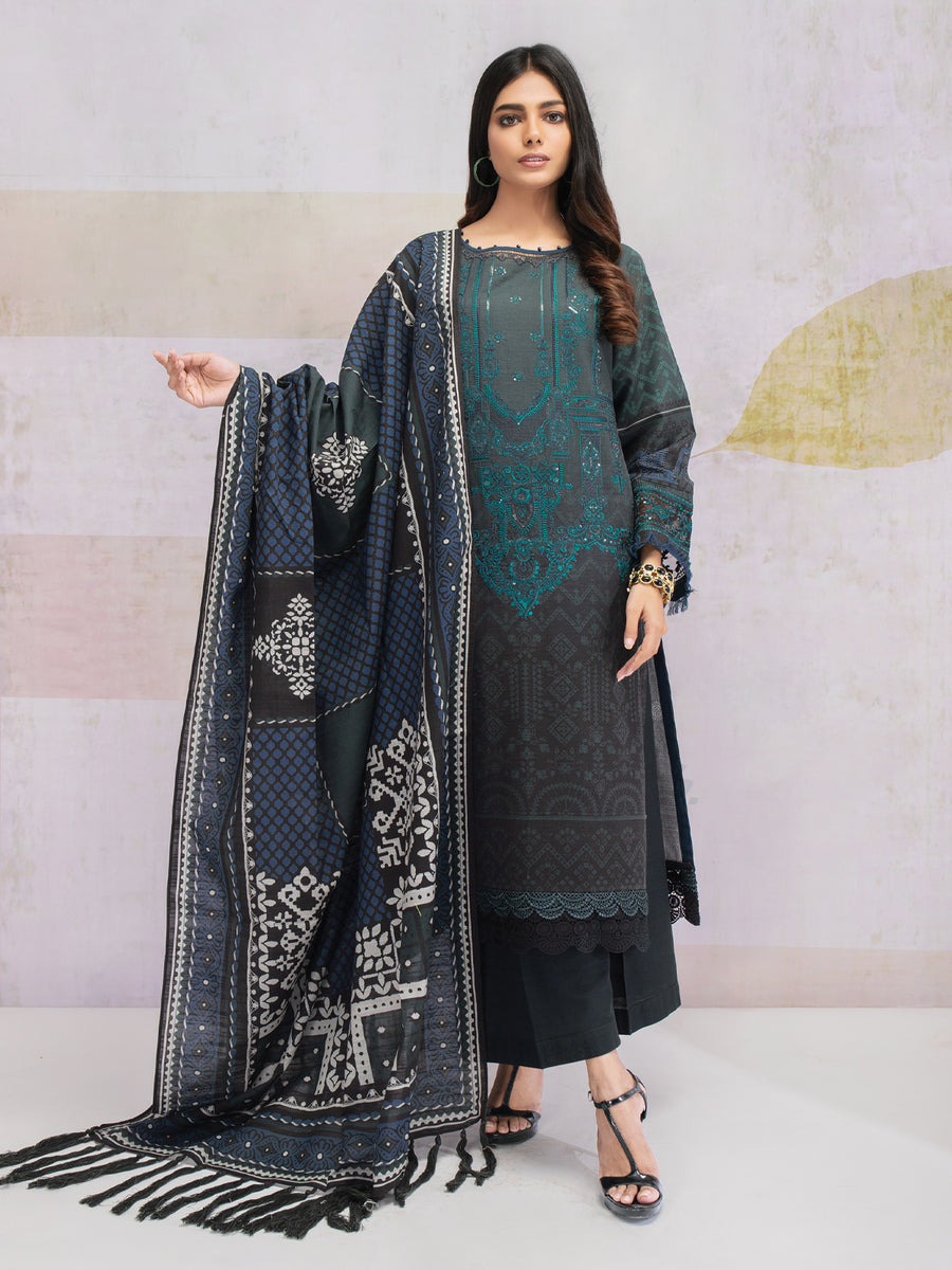 edenrobe Womens Unstitched Orhni Khaddar EWU21V8-21686 - Charcoal - 3 Piece - FaisalFabrics.pk