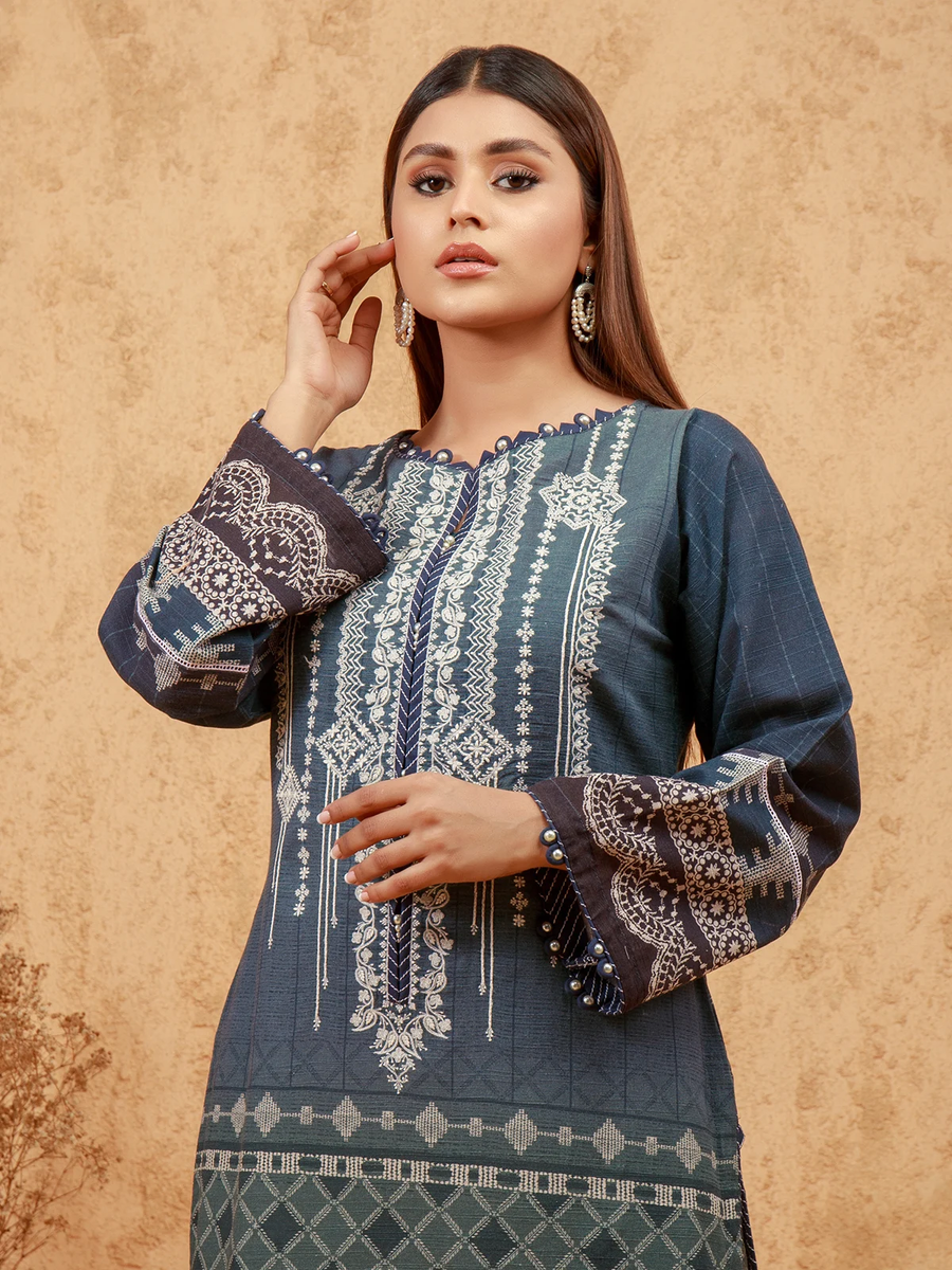edenrobe Shades of Winter Embroidered Cotton Satin 1pc Shirt EWU21V8-21724 - FaisalFabrics.pk