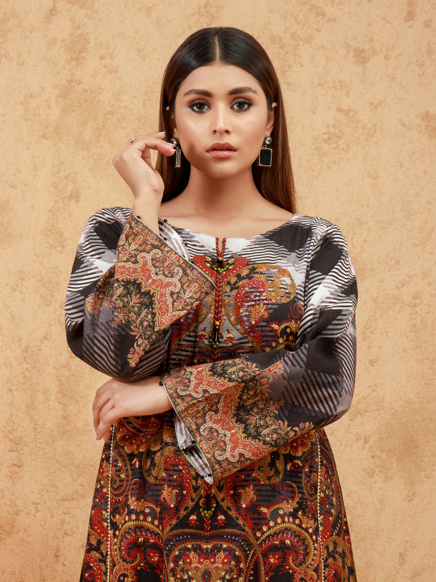 edenrobe Women Unstitched Shades Of Winter EWU21V8-21740 - Black Multi - 1 Piece - FaisalFabrics.pk