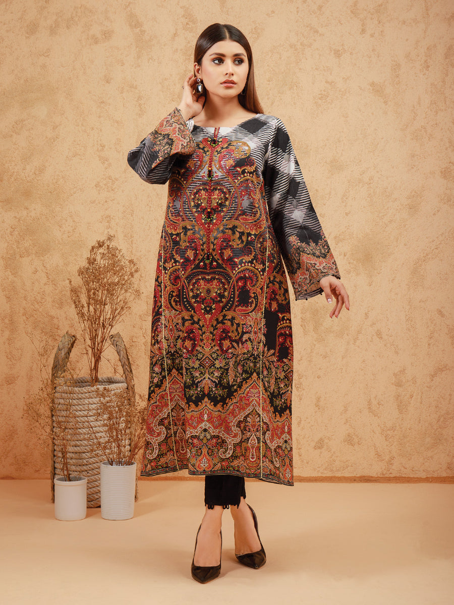 edenrobe Women Unstitched Shades Of Winter EWU21V8-21740 - Black Multi - 1 Piece - FaisalFabrics.pk