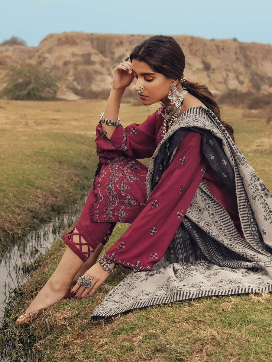 edenrobe Womens Unstitched Orhni Marina EWU21V8-21800 - Maroon - 3 Piece - FaisalFabrics.pk
