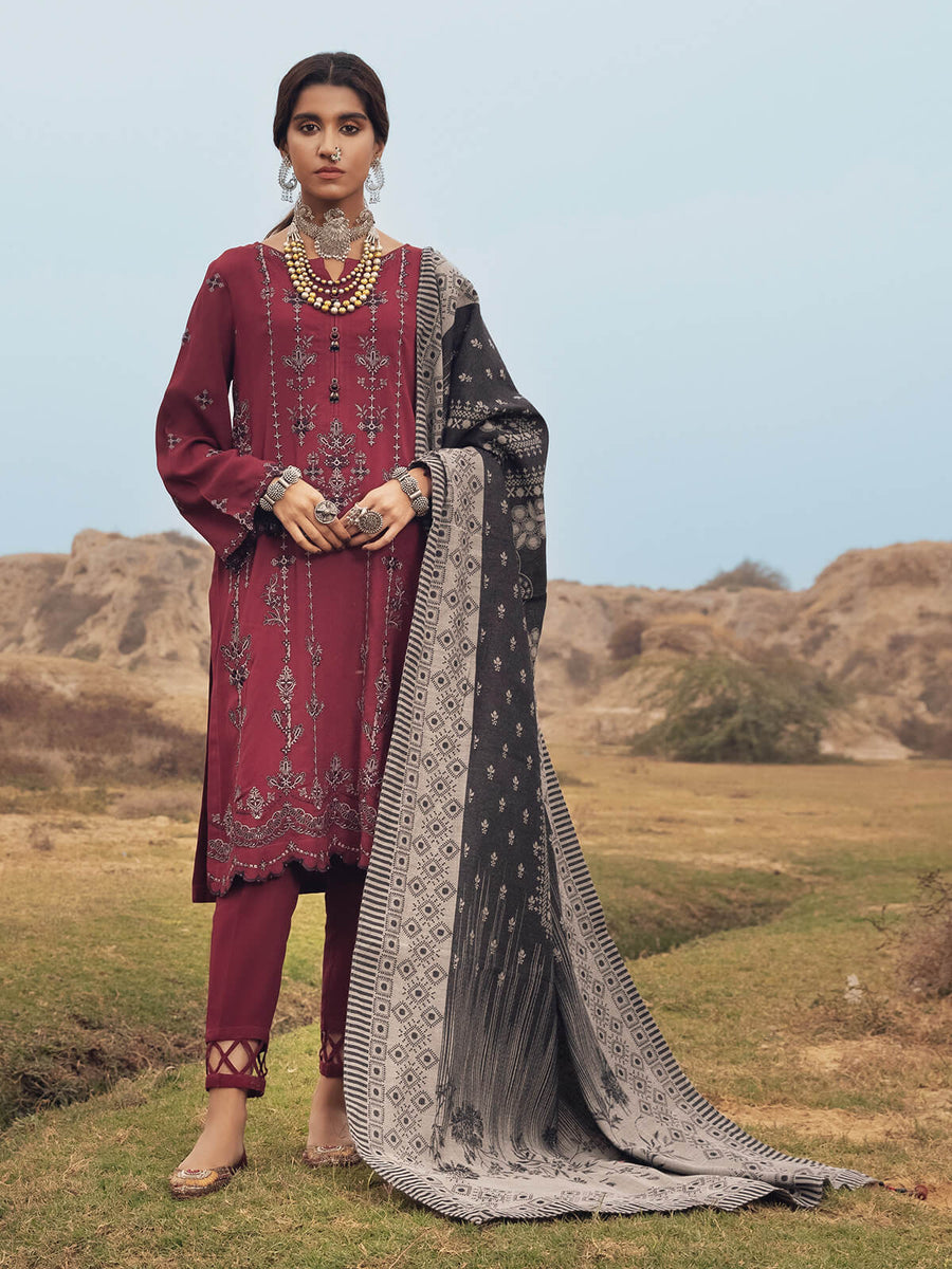edenrobe Womens Unstitched Orhni Marina EWU21V8-21800 - Maroon - 3 Piece - FaisalFabrics.pk