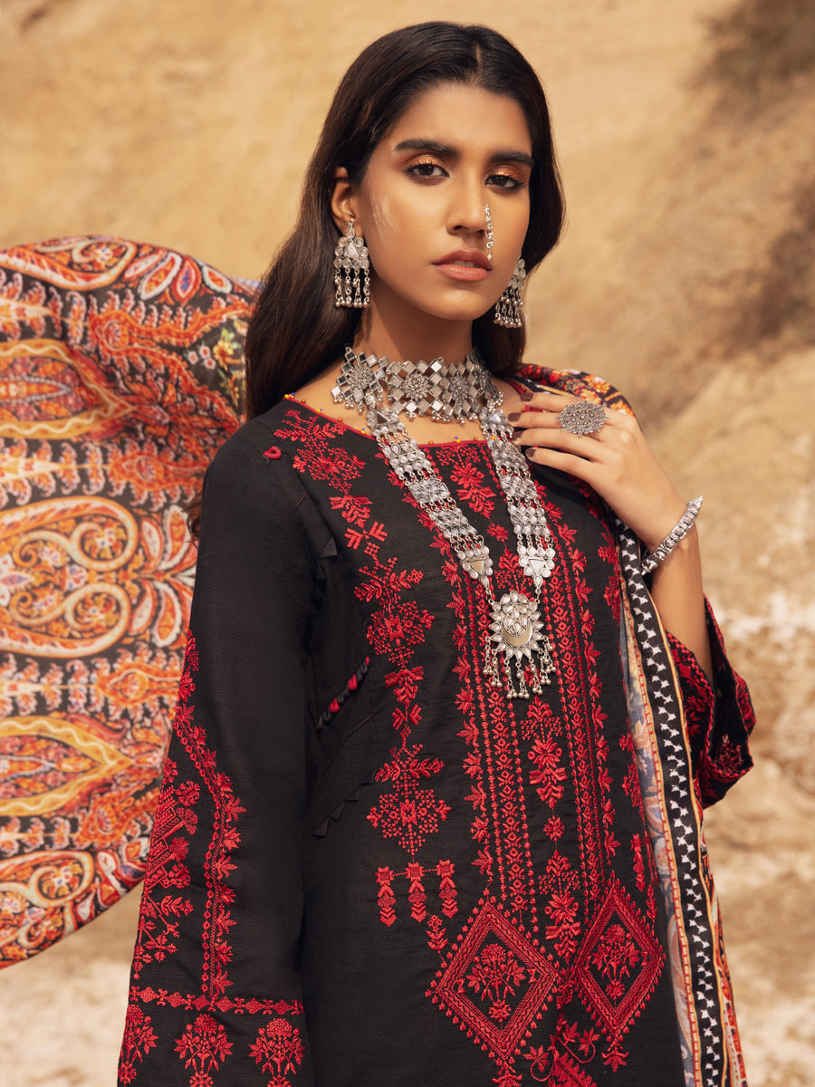 edenrobe Womens Unstitched Orhni Cotail EWU21V8-21812 - Black - 3 Piece - FaisalFabrics.pk