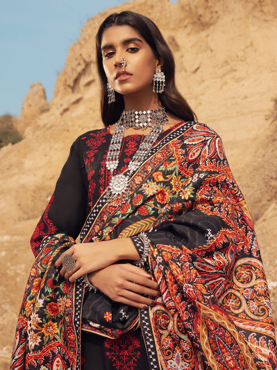 edenrobe Womens Unstitched Orhni Cotail EWU21V8-21812 - Black - 3 Piece - FaisalFabrics.pk