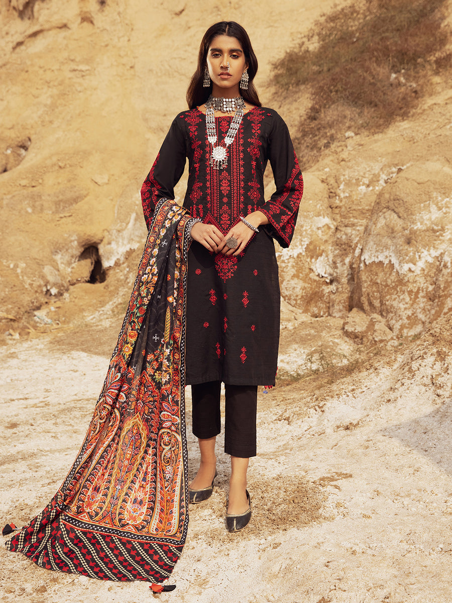 edenrobe Womens Unstitched Orhni Cotail EWU21V8-21812 - Black - 3 Piece - FaisalFabrics.pk