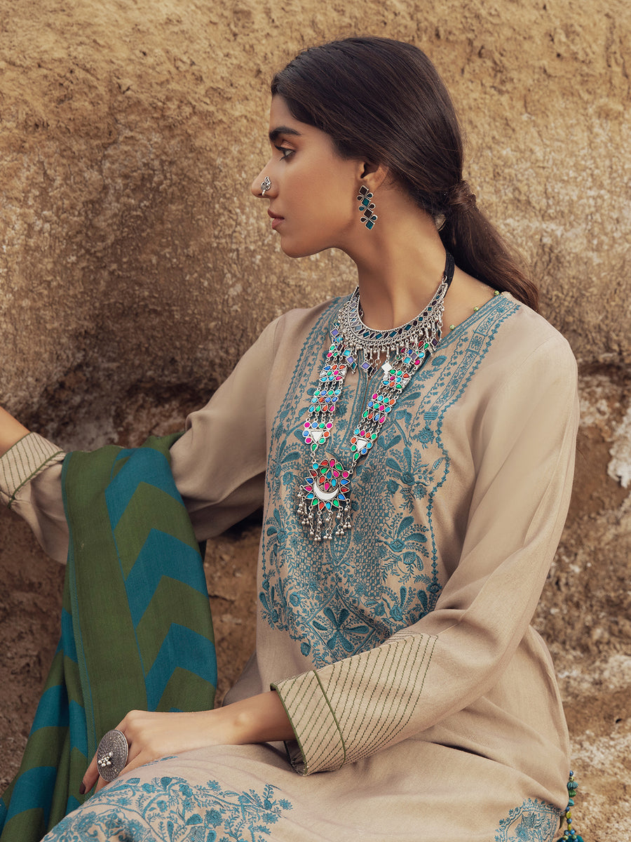 edenrobe Womens Unstitched Orhni Crepe EWU21V8-21822 - Fawn - 3 Piece - FaisalFabrics.pk