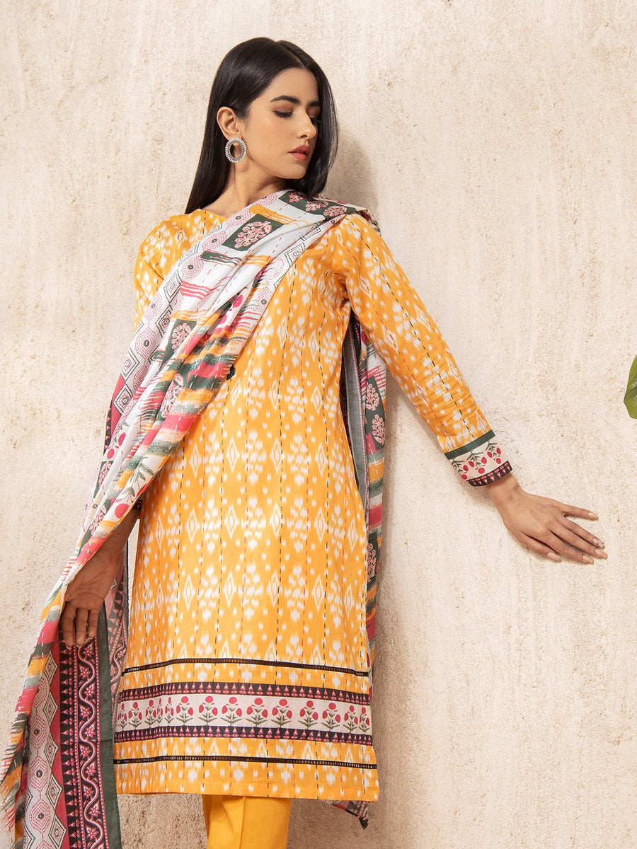 edenrobe Allure Light Orange Printed Lawn 3 Piece EWU22A1-23200