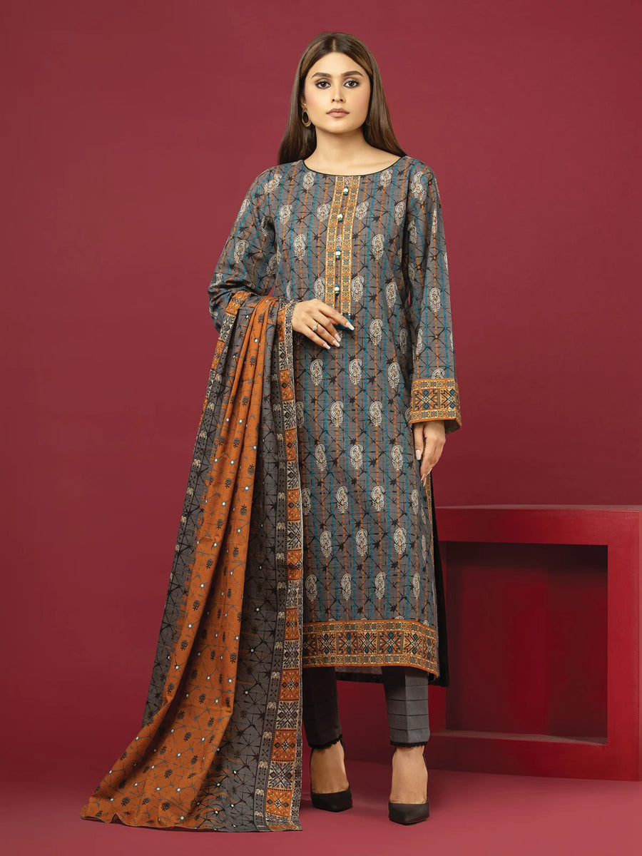 edenrobe Allure Khaddar Unstitched Printed 3Pc Suit EWU22A3-24488-XXL