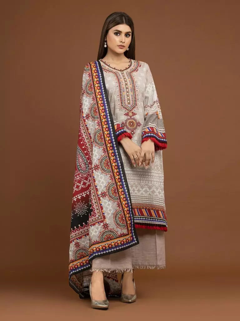 edenrobe Premium Embroidered Unstitched Khaddar 3Pc EWU22V11-25026