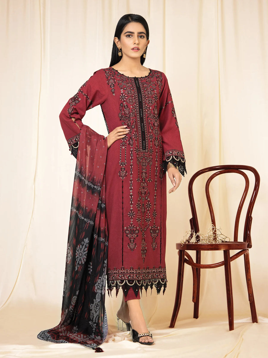 edenrobe Khayal Jacquard EWU22V3-23728 - Maroon - 3 Piece