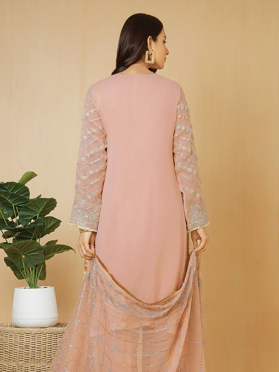 edenrobe Festive Unstitched Chiffon EWU22V5-23693 - Light Peach - 3 Piece