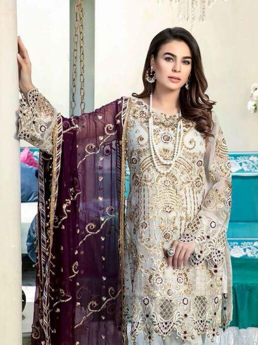 Emaan Adeel Luxury Embroidered Chiffon Unstitched 3 Piece Suit EA-1001 - FaisalFabrics.pk