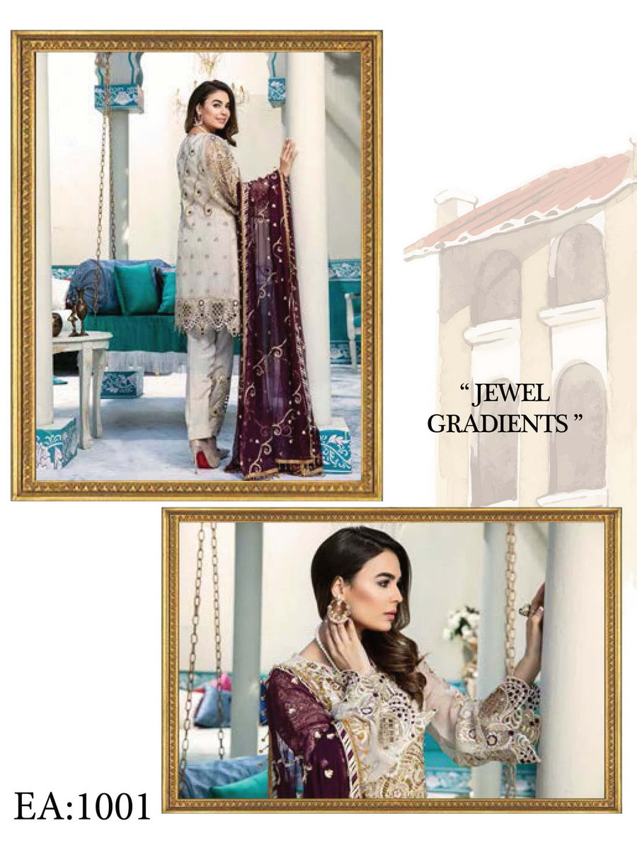 Emaan Adeel Luxury Embroidered Chiffon Unstitched 3 Piece Suit EA-1001 - FaisalFabrics.pk