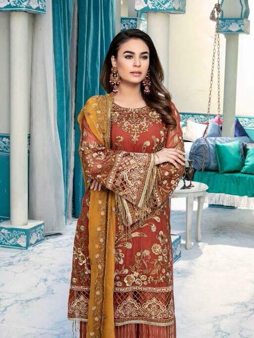 Emaan Adeel Luxury Embroidered Chiffon Unstitched 3 Piece Suit EA-1002 - FaisalFabrics.pk