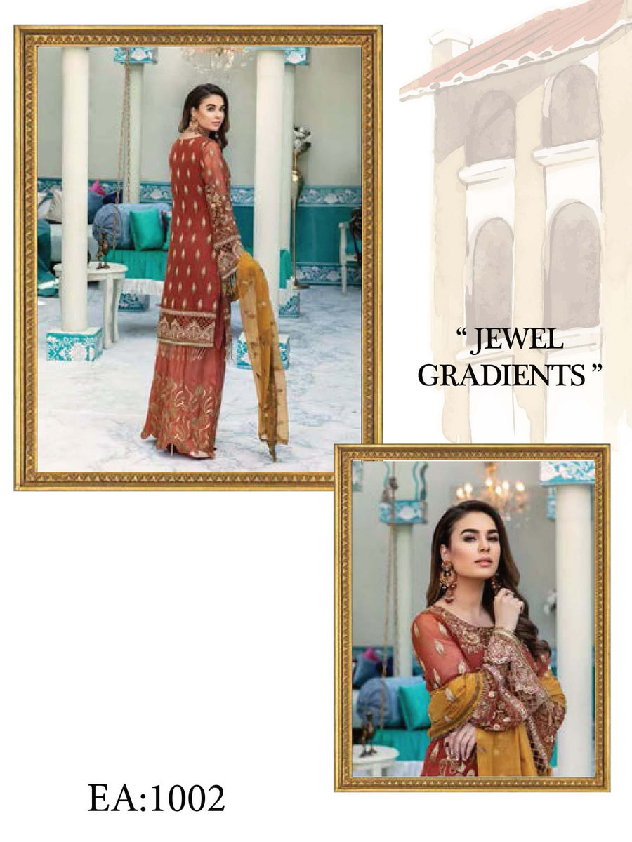 Emaan Adeel Luxury Embroidered Chiffon Unstitched 3 Piece Suit EA-1002 - FaisalFabrics.pk