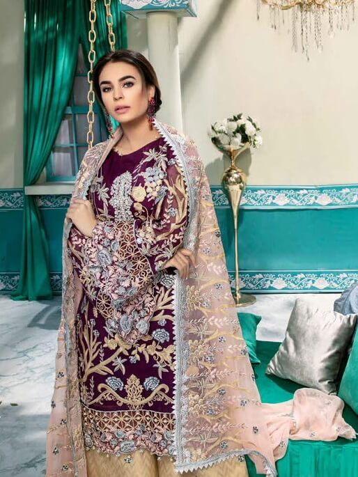 Emaan Adeel Luxury Embroidered Chiffon Unstitched 3 Piece Suit EA-1003 - FaisalFabrics.pk