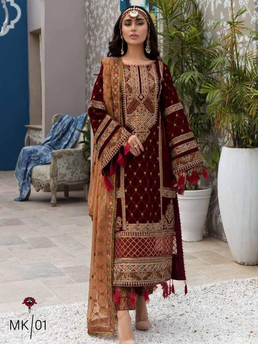 Emaan Adeel Makhmal Premium Velvet Unstitched 3PC Suit MK-01 - FaisalFabrics.pk