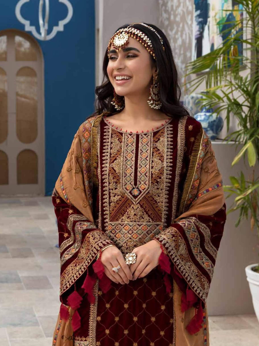 Emaan Adeel Makhmal Premium Velvet Unstitched 3PC Suit MK-01 - FaisalFabrics.pk
